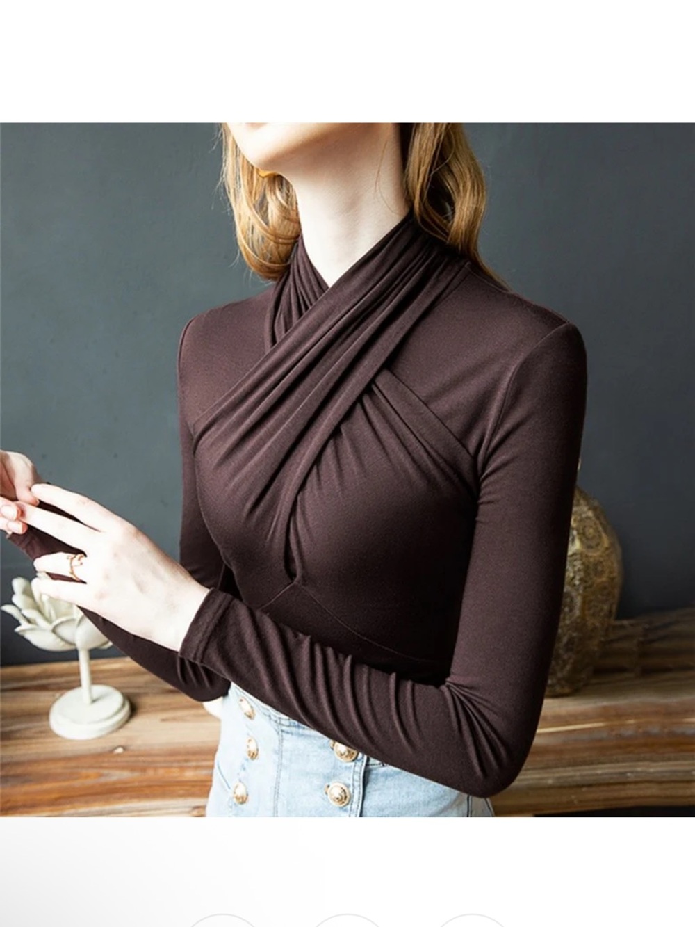Crossover Neck Long Sleeve Top - Chocolate Brown